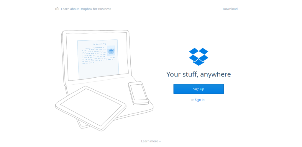 Dropbox service's front page.